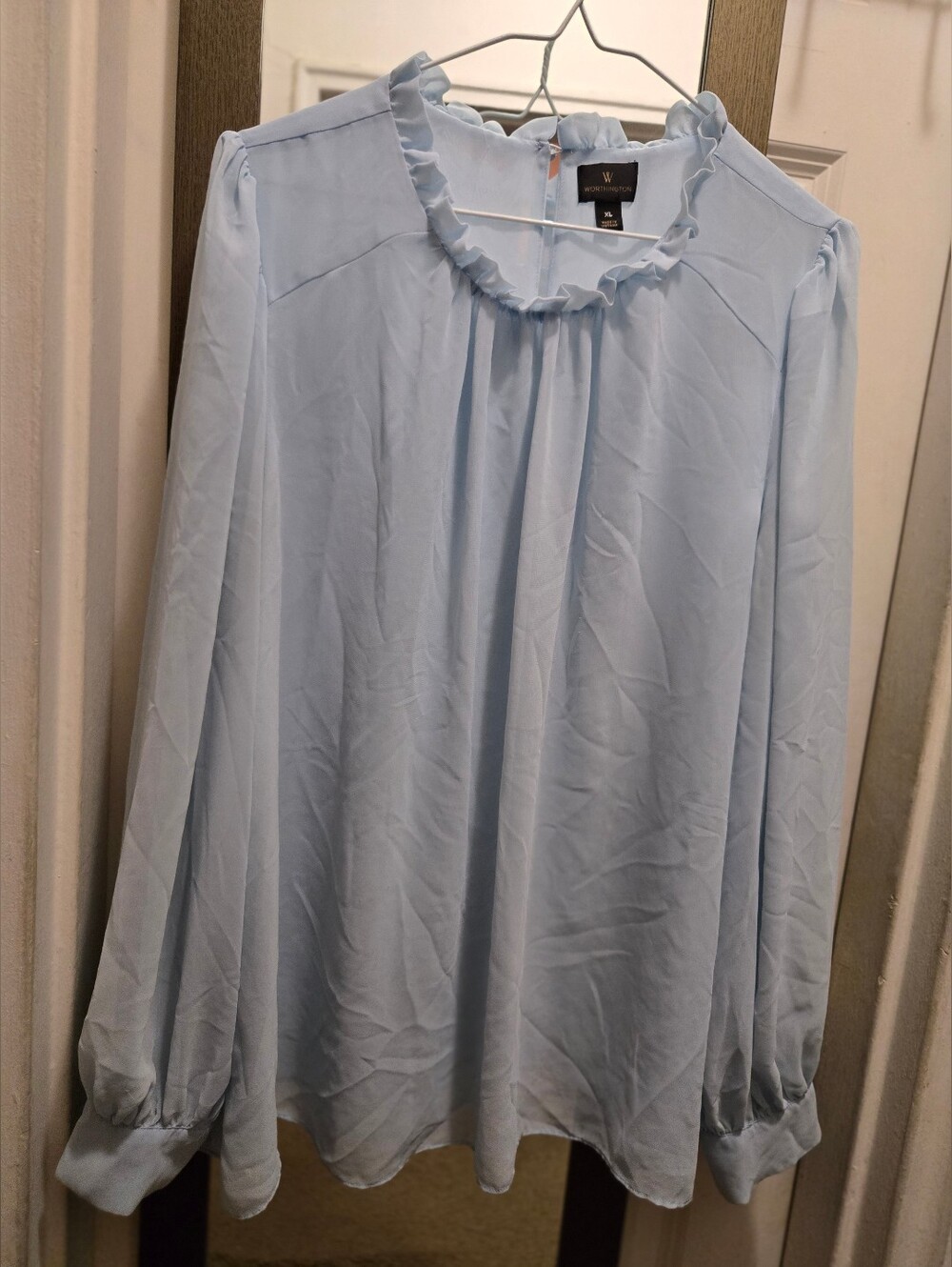 Ruffled Neck Long-Sleeve Women's Blouse in light blue, maroon, navy teal print